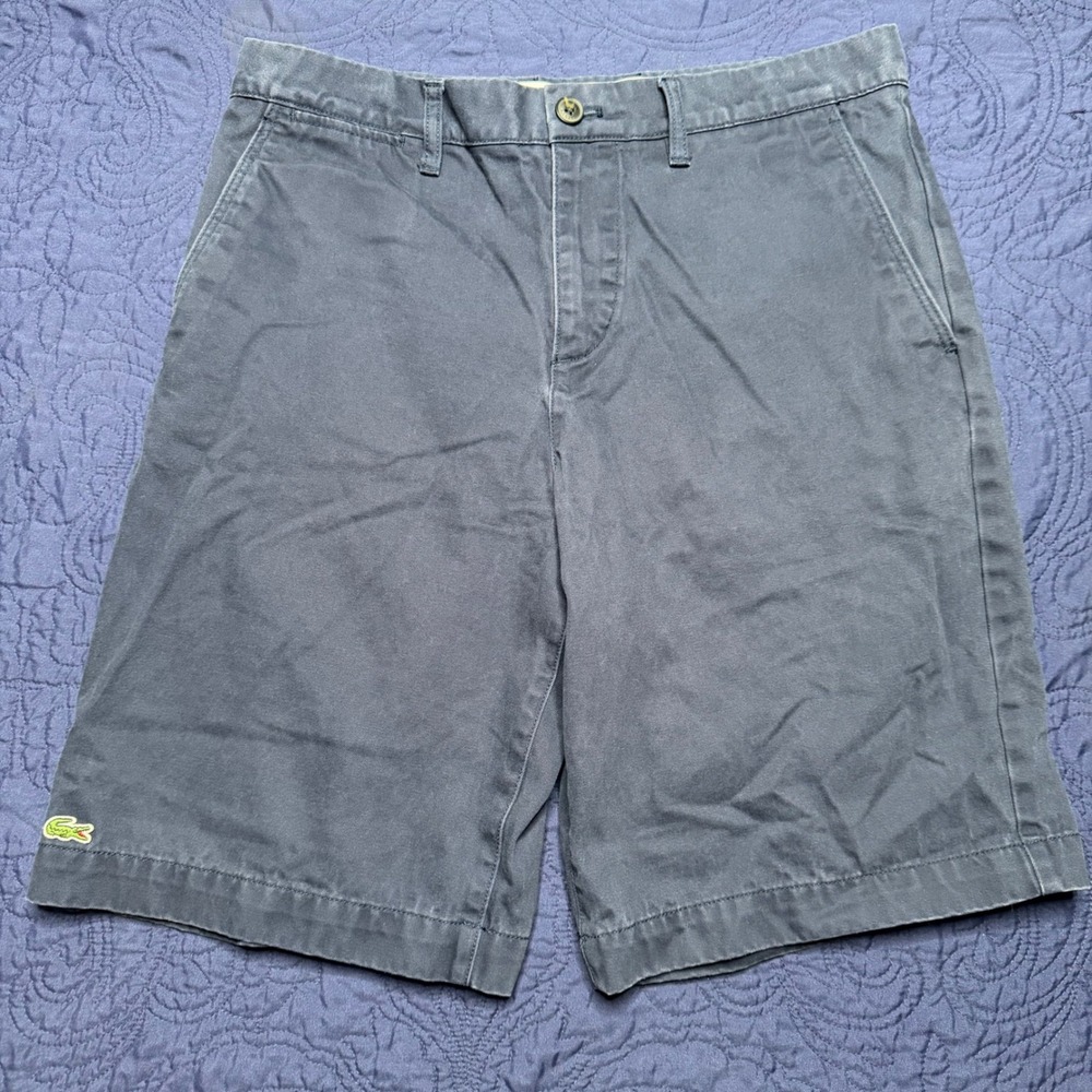 Lacoste Mens Regular Fit Chino Shorts Navy Blue US 32 FR 40 Crocodile Logo Faded